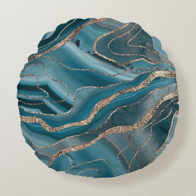 Blue Gray Agate Gold Glitzer Glam #1 Rundes Kissen (Vorderseite)