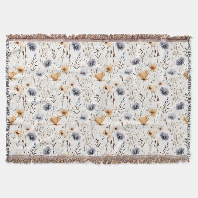 Blue Gray Beige Brown White Boho Blume Botanisch Decke (Vorderseite)