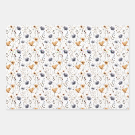 Blue Gray Beige Brown Wildblumen Boho Birthday Geschenkpapier Set