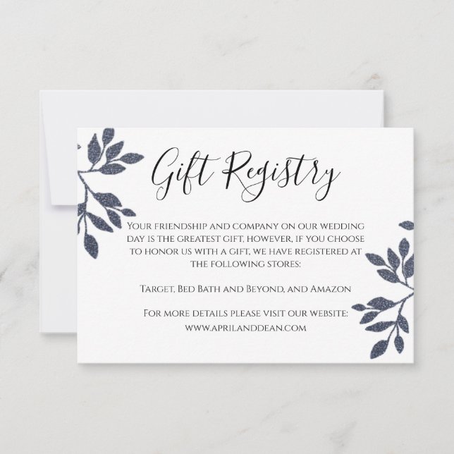 Blue Gray Botanical Glitzer Wedding Registry Card Einladung (Vorderseite)