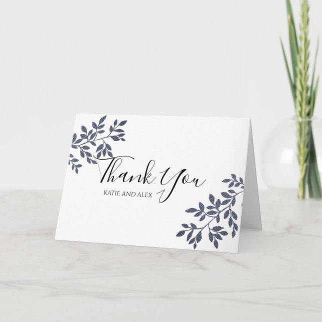 Blue Gray Botanical Glitzer Wedding Vielen Dank Karte (Vorderseite)