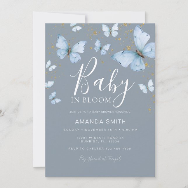 Blue Gray Butterfly Baby in Bloom Baby Dusche Einladung (Vorderseite)