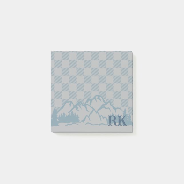 Blue Gray Check Pattern Rustic Mountains Monogram Post-it Klebezettel (Vorderseite)