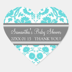 Blue Gray Damask Baby Dusche Pflegeaufkleber Herz-Aufkleber