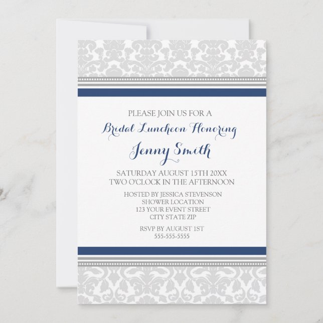 Blue Gray Damask Bridal Lunch Einladungskarten (Rückseite)