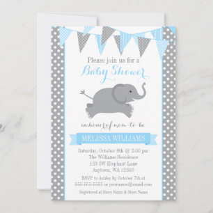 Blue Gray Elephant Polka Dot Bunting Baby Showroom Einladung
