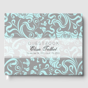 Blue Gray floral Pattern Damask Begräbnis Gästebuc Gästebuch