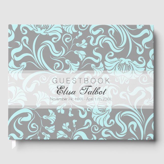 Blue Gray floral Pattern Damask Begräbnis Gästebuc Gästebuch (Vorderseite)