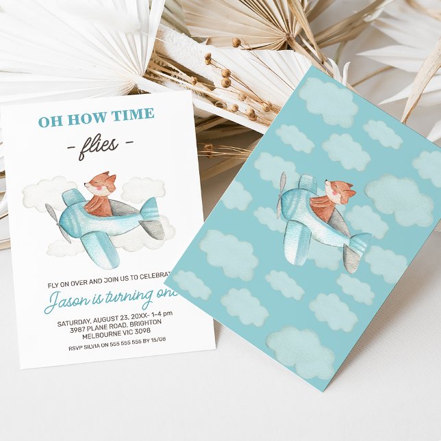 Blue Gray Flugzeug Wie die Zeit fliegt 1. Geburtst Einladung (Plane themed boy's first birthday invitation for a baby boy featuring an airplane, fox and clouds.)