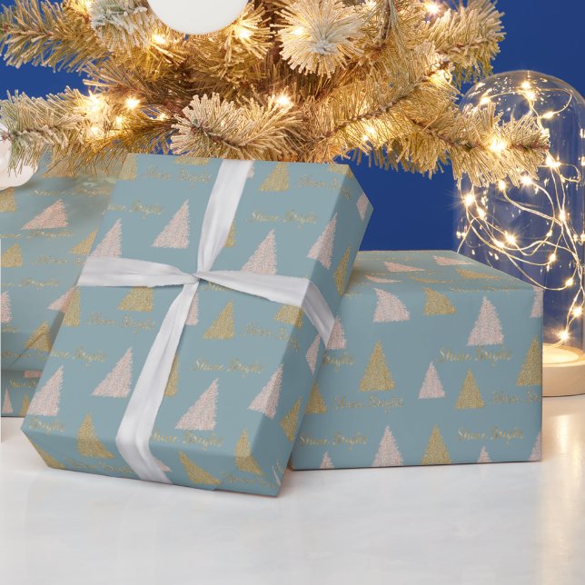 Blue Gray Gold Glitzer Shine Christmas Trees     Geschenkpapier (Feiertage)