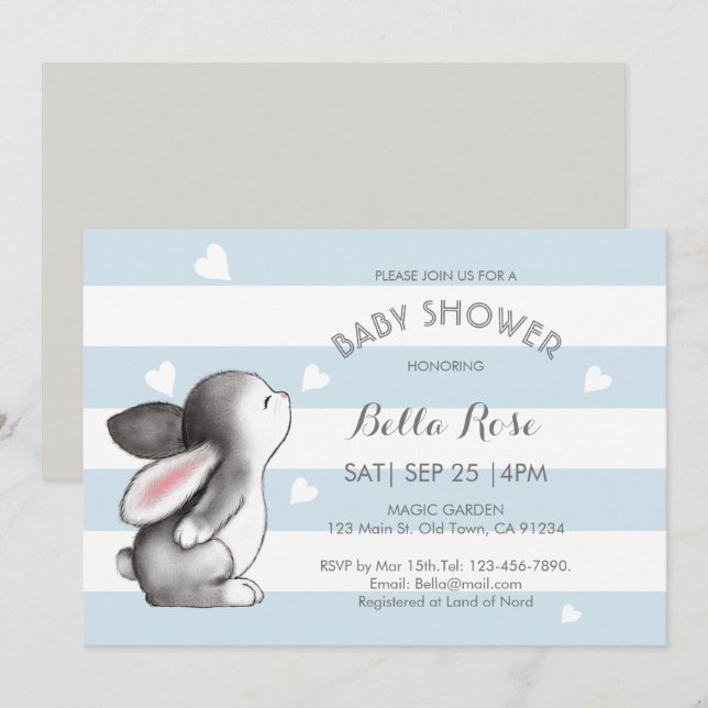 Blue Gray Heart Bunny Baby Shower Einladungen (Vorne/Hinten)