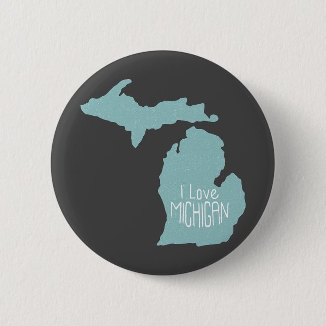 Blue Gray I Liebe Michigan Silhouette auf Grau Button (Vorderseite)
