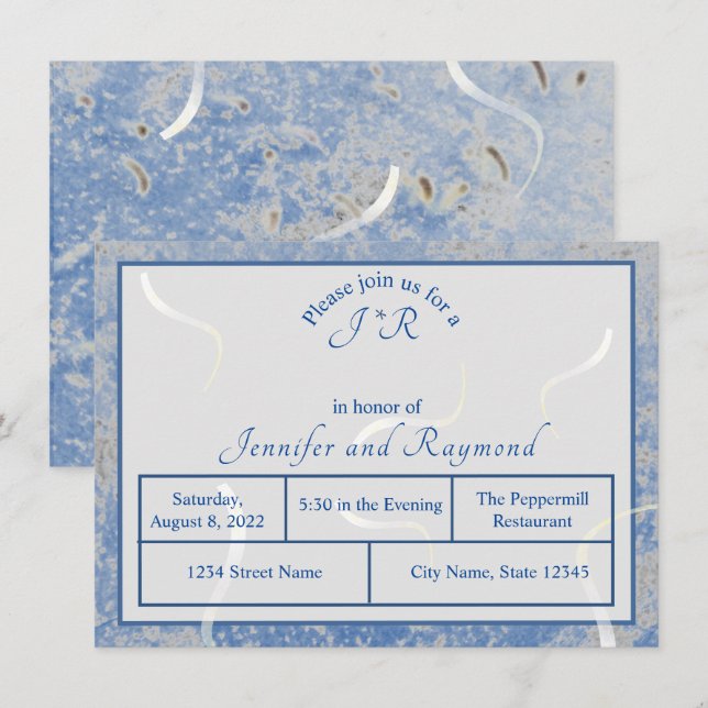 Blue & Gray Marble Monogrammierte Probe Dinner Begleitkarte (Vorne/Hinten)