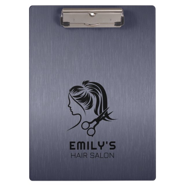 Blue-Gray Metallic Texture Hair Salon Logo Klemmbrett (Vorderseite)