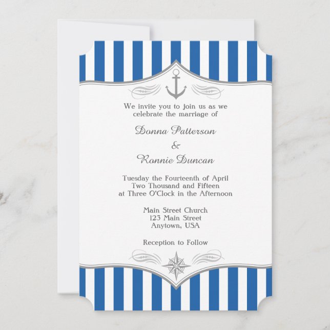 Blue Gray Nautical Wedding Einladung (Vorderseite)