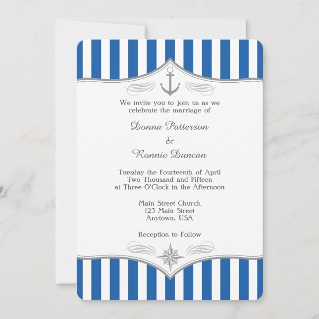 Blue Gray Nautical Wedding Einladung (Vorderseite)