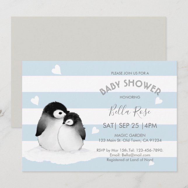 Blue Gray Pinguin Baby Dusche Einladungen (Vorne/Hinten)