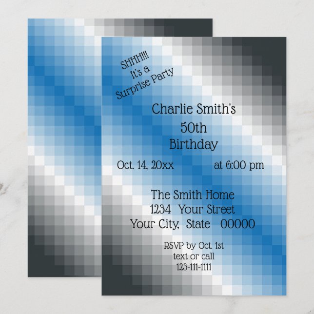 Blue Gray Pixel Party Einladung (Vorne/Hinten)
