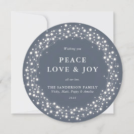 Blue-Gray Round Sparkling Lights Peace Liebe + Joy Feiertagskarte