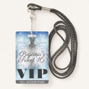 Blue Gray Silver Sparkle Dress Sweet 16 VIP Pass Ausweis