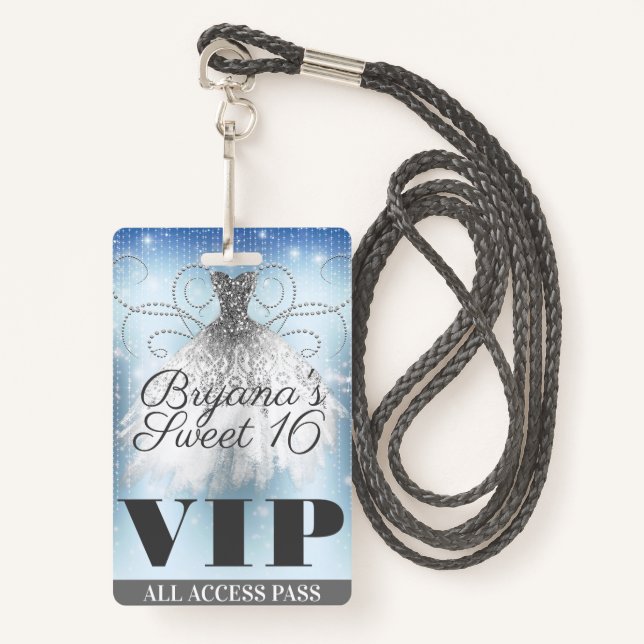 Blue Gray Silver Sparkle Dress Sweet 16 VIP Pass Ausweis (Vorderseite mit Schlüsselband)