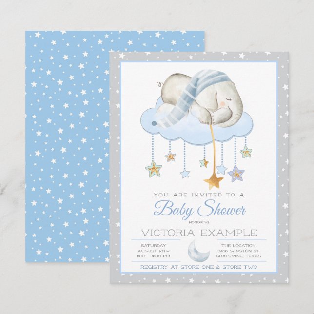 Blue Gray Sleepy Elephant Baby Shower Einladungen (Vorne/Hinten)