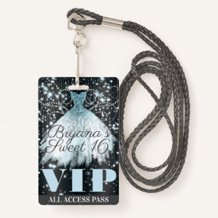 Blue Gray Sparkle Dress Sweet 16 VIP Pass Ausweis