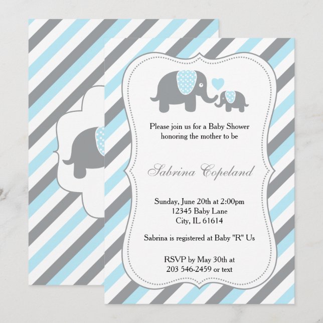 Blue & Gray Stripe Elephant Baby Dusche Einladung (Vorne/Hinten)