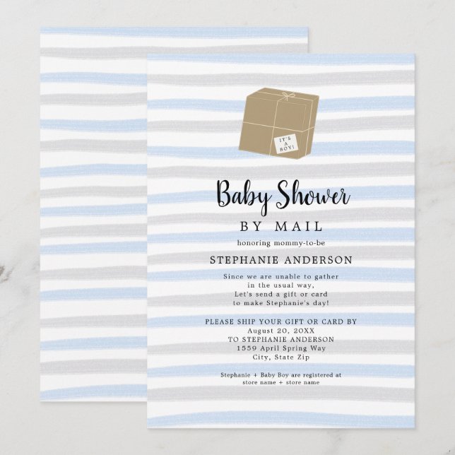 Blue Gray Stripes Boy Baby Dusche per Post Einladung (Vorne/Hinten)