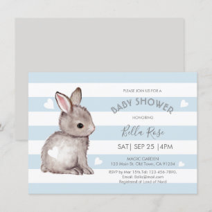 Blue Gray Stripes Bunny Heart Baby Dusche einladen Einladung