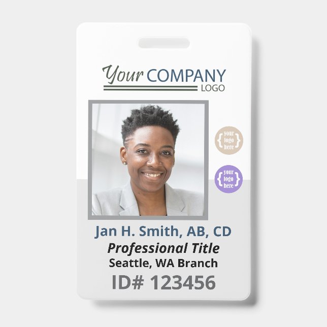 Blue-Gray White Employee Foto ID, Logo & QR Code Ausweis (Vorderseite)