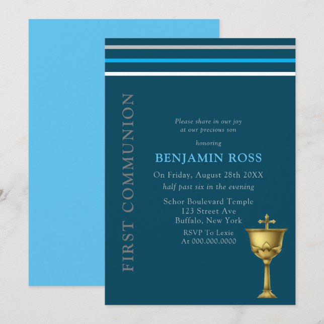 Blue Gray White Gold Chalice erste Kommune Einladung (Vorne/Hinten)