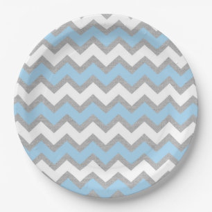 Blue Gray White Zickzack Babydusche Dekoration Pappteller