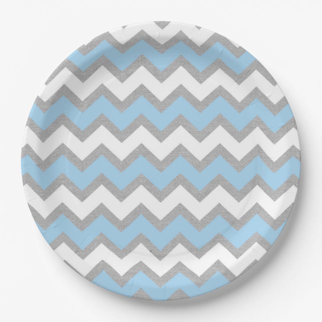 Blue Gray White Zickzack Babydusche Dekoration Pappteller (Vorderseite)