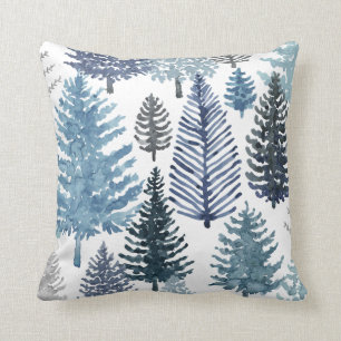 Blue Gray Winter Pine Trees Holiday Throw Pillow Kissen