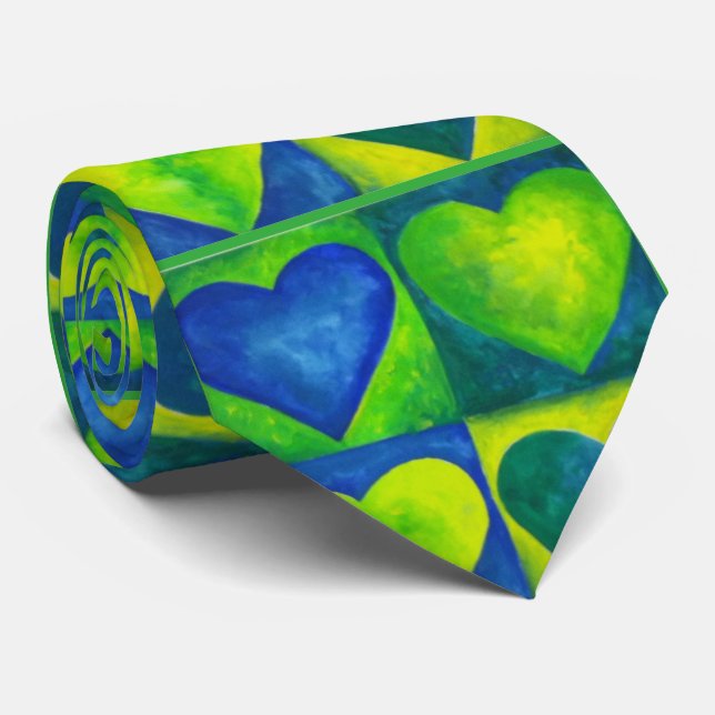 Blue Green Abstrakt Painted Heart Hearts Print Kra Krawatte (Gerollt)