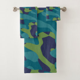 Blue Green and Teal Camo Abstract Badhandtuch Set