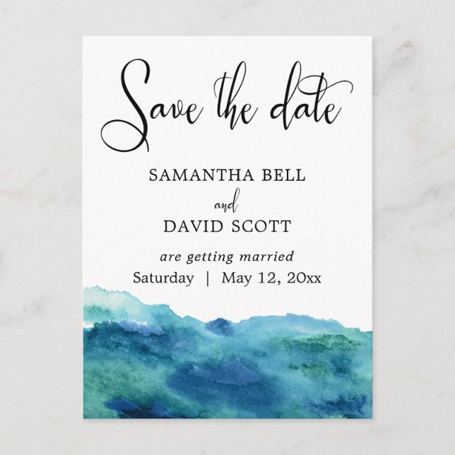 Blue Green Aqua Wasserfarbe Moderne Save the Date  Ankündigungspostkarte (Vorderseite)