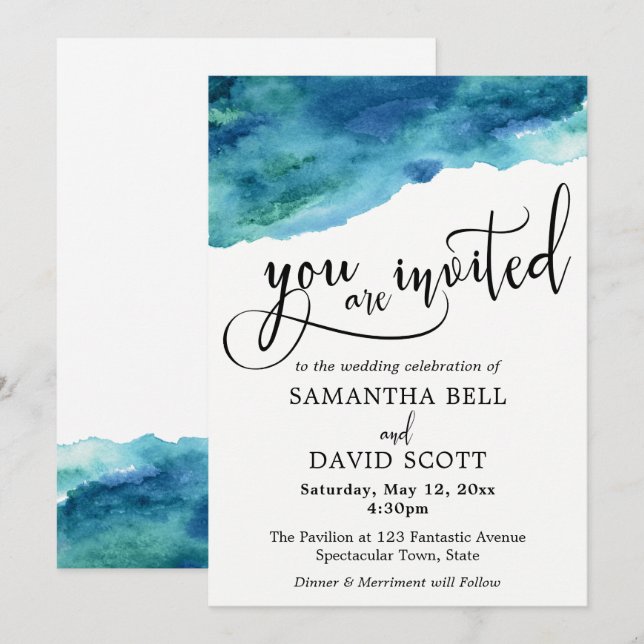 Blue Green Aqua Watercolor Moderne Hochzeit 2 Einladung (Vorne/Hinten)
