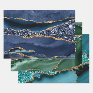 Blue Green Aquamarin Gold Glitzer Agate Trendy Geschenkpapier Set