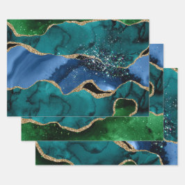 Blue, Green & Aquamarin & Gold Glitzer Peacock Aga Geschenkpapier Set