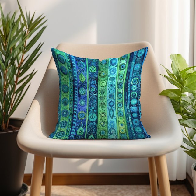 Blue Green Artistic Boho Striping Kissen (Blue Green Artistic Boho Striped Throw Pillow)