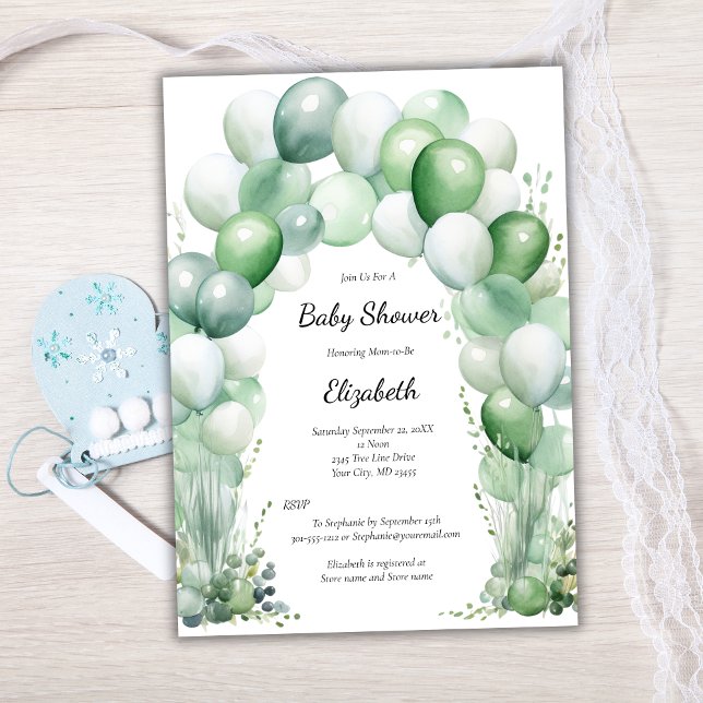 Blue Green Balloons Floral Baby Boy Baby Dusche Einladung (Blue Green Balloon Arch Floral Baby Boy Baby Shower Invitation.)