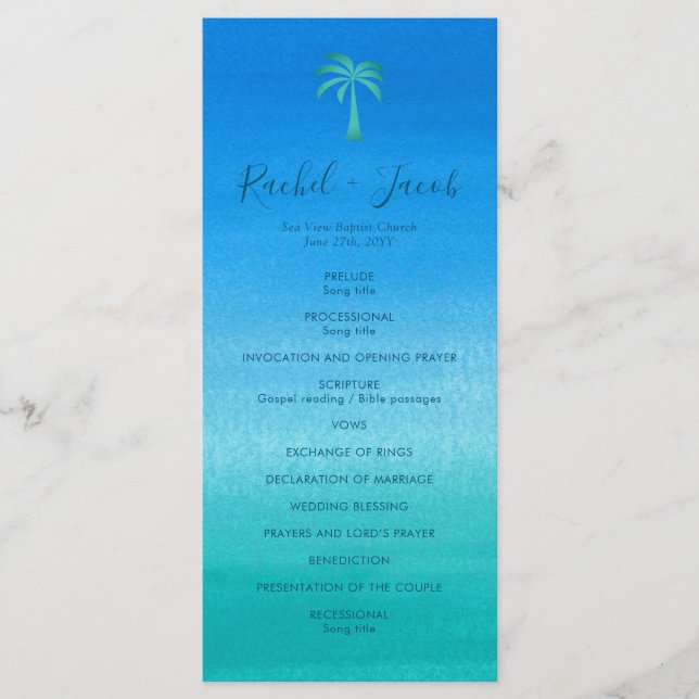 Blue Green Beach Tropical Palm Tree Wedding Programm (Vorderseite)
