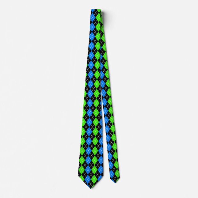 Blue Green Black Raute Diamond Design Krawatte (Vorderseite)