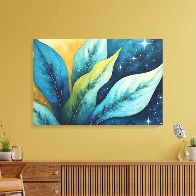 Blue Green Blätter Golden Sun und Stars Leinwanddruck (Insitu (Wohnzimmer))