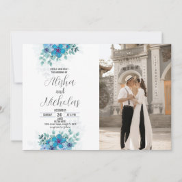 Blue Green Blume Hochzeitseinladungen mit Foto Einladung