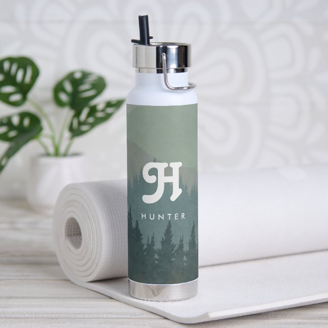 Blue Green Boho Monogram Mountain & Forest Retro Trinkflasche (Yoga)