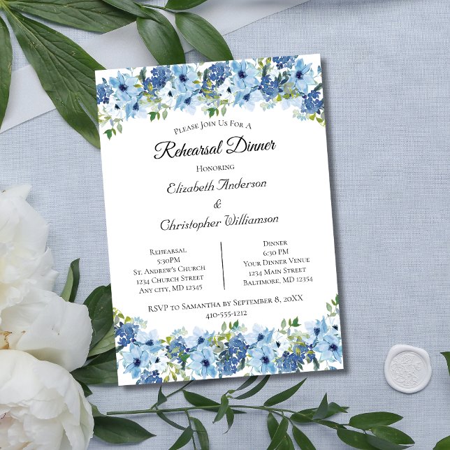 Blue Green Boho Probe Einladung (Blue Watercolor Floral Wedding Rehearsal Dinner Invitation. Printed or Digital Instant download)