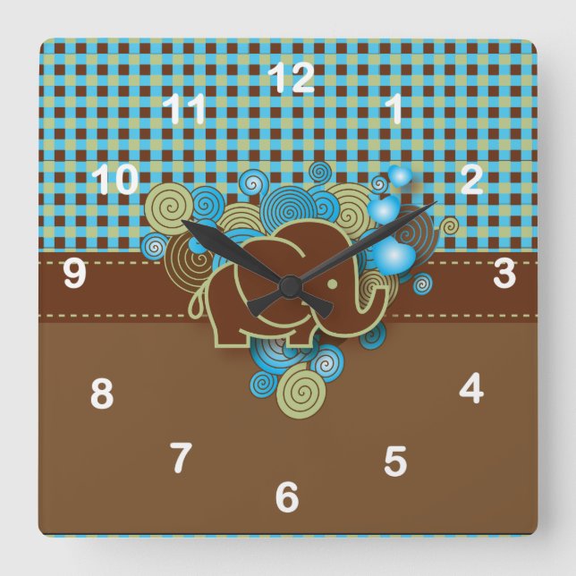 Blue, Green & Brown Kariert Baby Elephant Quadratische Wanduhr (Vorderseite)